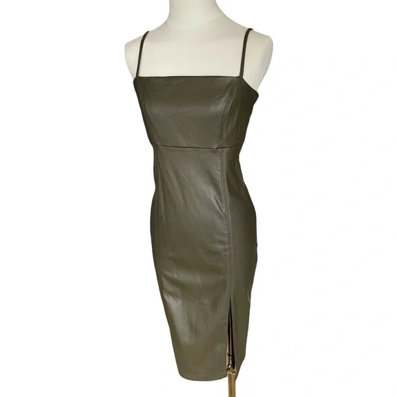 NWT Express Body Contour Faux Leather Cami Midi Dress Olive Green Small - Picture 5 of 13